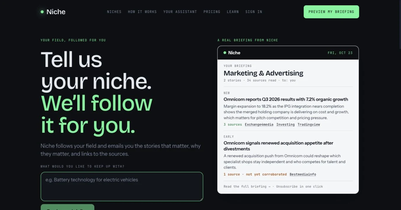 Actual Niche homepage captured October 23, 2026, showing the niche input and a real source-linked briefing.