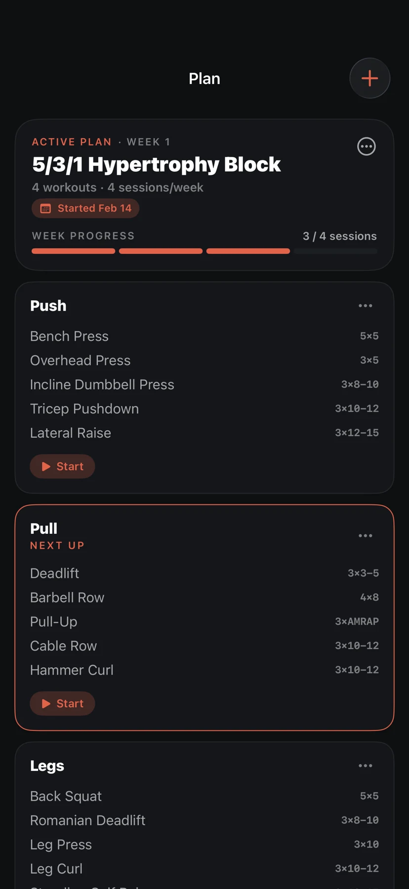 Actual Platepusher iOS training plan interface.