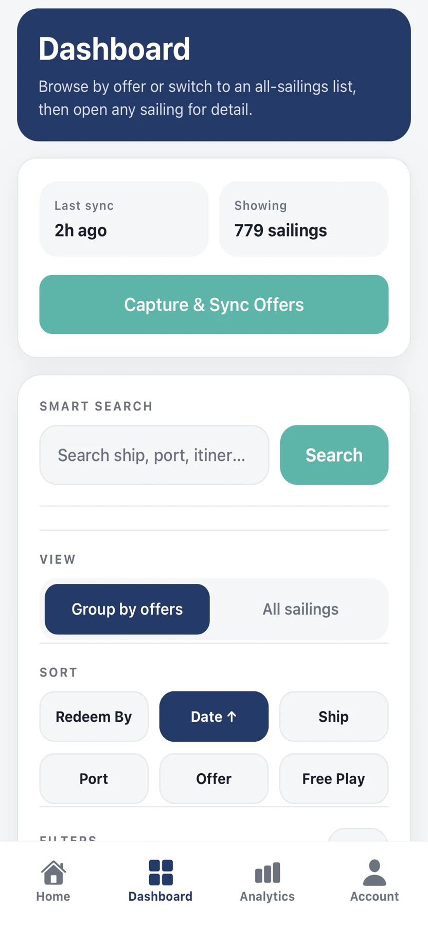 Real SailQuery mobile dashboard with grouped cruise offers and sailing details.